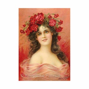 May include: A woman with long dark hair wears a crown of red carnations. She is wearing a pink shawl and has a soft, romantic expression. The image is in a vintage style.