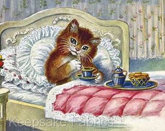 Kitten Morning Tea Time Reproduction Fabric Crazy Quilt Block Free Shipping