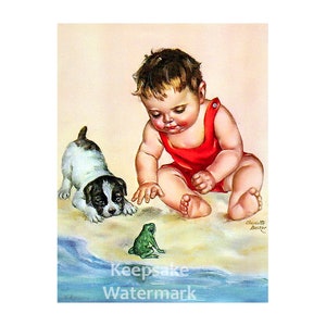 May include: A toddler in a red swimsuit sits on a sandy beach with a small black and white puppy. A green frog sits in front of them. The image is a vintage illustration.