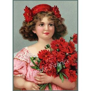 May include: A young girl with curly brown hair wears a red hat and holds a bouquet of red flowers. The flowers are in full bloom and have green stems. The girl is wearing a pink dress with white lace trim. The background is a light blue.
