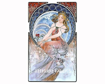 May include: A woman in a red and white dress sits on a cloud with a blue and white background. She holds a red flower in her hand. The background is decorated with a circle pattern.