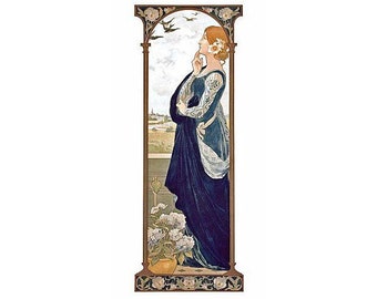 May include: Art Nouveau style print of a woman in a long, dark blue dress, gazing upwards. She has red hair and a flower in her hair. The artwork is framed with floral and bird motifs, and a pot of white flowers is at the bottom.