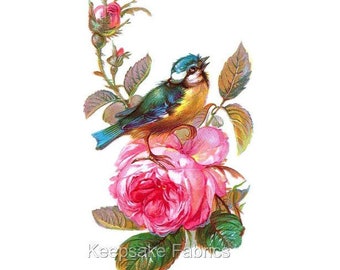 Vintage Blue Bird Pink Rose Reproduction Fabric Quilt Block Quilting Sewing Crafting