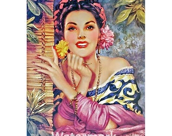 Mexico Latina Senorita Vintage Art Repro Fabric Block Free Shipping (M10