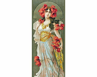 May include: A woman in a white dress with a gold sash and a crown of red poppies. She is holding a bouquet of red poppies in her right hand. The background is a green and gold Art Nouveau design.