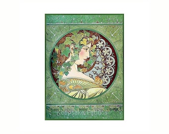 May include: A vintage art nouveau illustration of a woman with a crown of ivy leaves. The woman is depicted in profile, looking to the right. The background is a green and brown pattern of leaves and vines.