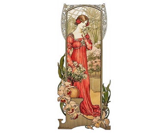 May include: A woman in a red dress stands in a greenhouse, holding a bouquet of pink flowers. The background features a decorative floral design and a glass ceiling.
