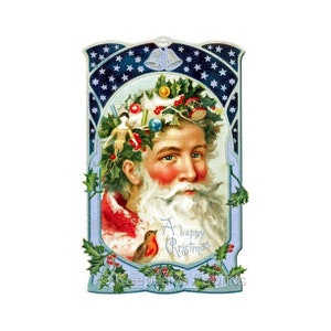May include: A vintage Christmas card featuring a jolly Santa Claus with a wreath of holly and toys on his head. The card has a blue background with white stars and the text "A happy Christmas" and "Keep this Fabric".