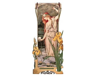 May include: A woman with long red hair and a flower crown stands in a pond, holding a white flower. She is surrounded by yellow irises and green foliage. The image is framed in a decorative border.