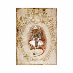 May include: A vintage illustration of a brown mouse wearing a red and white dress, sitting on a chair and knitting with a ball of yarn. The image is framed with a gold ornate design and the text "Keepsake Fabrics" is at the bottom.