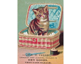 Kitten Sewing Basket Reproduction Fabric Crazy Quilt Block Quilting Sewing Crafting