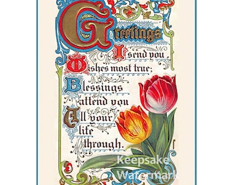 Blessings Attend You Tulips Reproduction Crazy Quilt Block Free Shipping