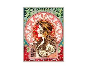 Mucha Art Nouveau Lady Profile Fabric Crazy Quilt Block Quilting Sewing Crafting (A4