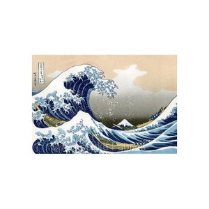 May include: A woodblock print of a large blue wave crashing over three boats. The wave is depicted in a traditional Japanese style with white foam and a dark blue background. Mount Fuji is visible in the distance.