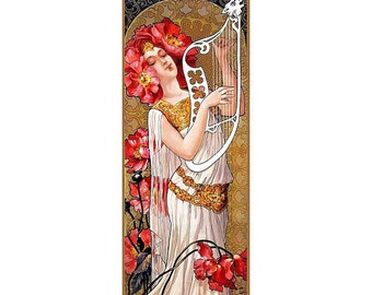 May include: Art Nouveau style illustration of a woman with red flowers in her hair, playing a harp. She wears a white dress with gold accents. The background is a gold and brown pattern.