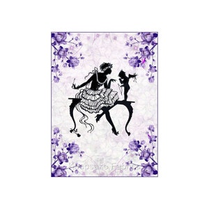 May include: A black and white silhouette of a woman and a child sitting at a table with a floral background. The background is a light purple with a white and gray pattern. The flowers are purple and white.