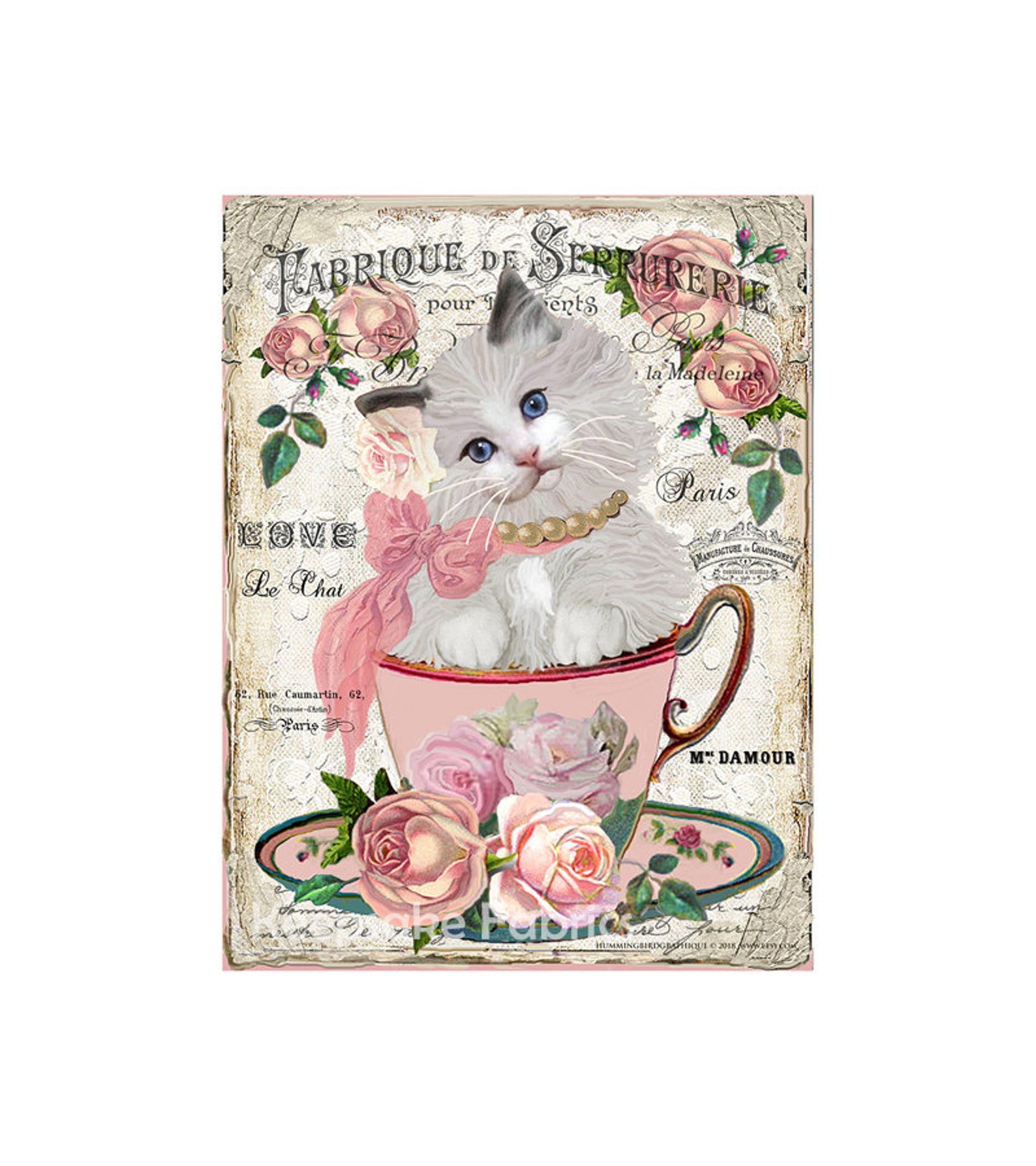Kitten Teacup Roses Collage Art Repro Fabric Crazy Quilt Block - Etsy