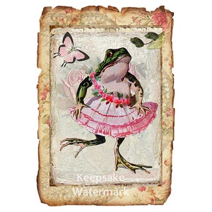 May include: A whimsical illustration of a frog in a pink tutu and a floral necklace, dancing on a vintage-style background. A pink butterfly flutters nearby. The image is framed with a floral border and the text "Keepsake Watermark".