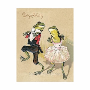 May include: A vintage illustration of two frogs dressed in formal attire, dancing a cakewalk. The male frog wears a black suit with a red vest and a white bow tie. The female frog wears a white dress with a pink sash and a green bow. The text "Cake-Walk" is written at the top of the image.