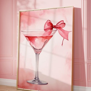 Pink Coquette Martini Glass Art Print, Bow Digital Art, Bar Decor, Kitchen Wall Art, Girly Art