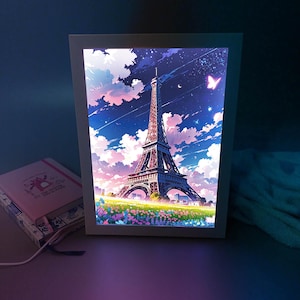 Eiffel Tower, Paris, flowers, night sky, space, LED frame, Eiffel Tower gift, desk lamp, home decor idea, LED lights, light box, aesthetics