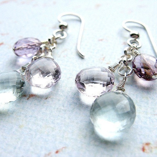 30 PERCENT OFF SALE  Spring's Return - Green Fluorite, Pink Amethyst, Amethyst and Sterling Silver Cluster Earrings