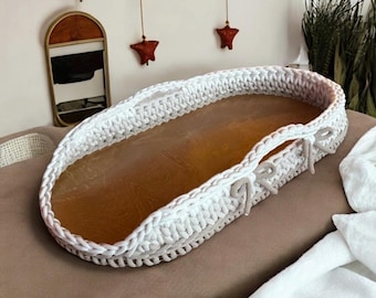 Baby diaper changing basket. Lightweight, portable, Luxury nursery design with wooden base.