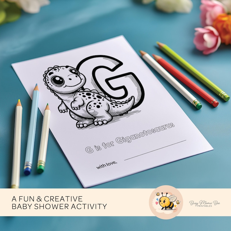 ABC Dinosaur Coloring Book, 26 unique pages, digital download, dinosaur alphabet illustrations, perfect baby shower activity, guests color and sign pages, personalized keepsake for baby, ideal baby shower game.