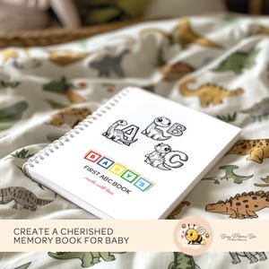 ABC Dinosaur Coloring Book, 26 unique pages, digital download, dinosaur alphabet illustrations, perfect baby shower activity, guests color and sign pages, personalized keepsake for baby, ideal baby shower game.