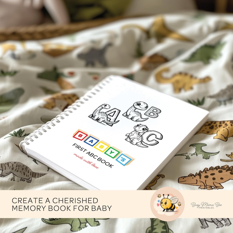 ABC Dinosaur Coloring Book, 26 unique pages, digital download, dinosaur alphabet illustrations, perfect baby shower activity, guests color and sign pages, personalized keepsake for baby, ideal baby shower game.