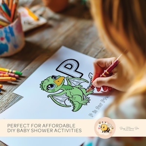 ABC Dinosaur Coloring Book, 26 unique pages, digital download, dinosaur alphabet illustrations, perfect baby shower activity, guests color and sign pages, personalized keepsake for baby, ideal baby shower game.
