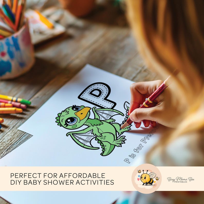 ABC Dinosaur Coloring Book, 26 unique pages, digital download, dinosaur alphabet illustrations, perfect baby shower activity, guests color and sign pages, personalized keepsake for baby, ideal baby shower game.