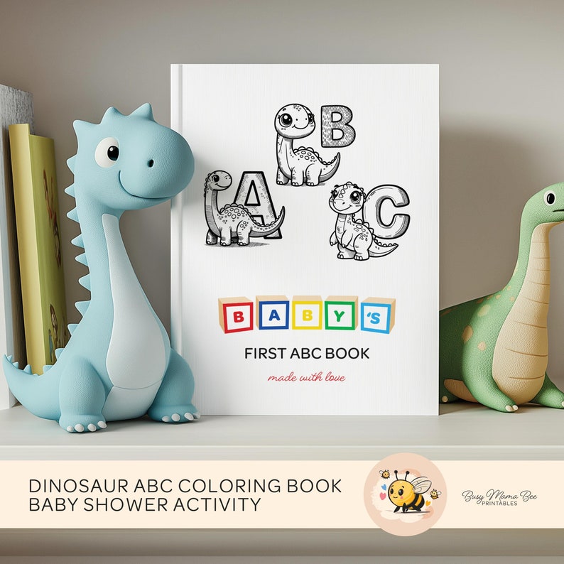 ABC Dinosaur Coloring Book, 26 unique pages, digital download, dinosaur alphabet illustrations, perfect baby shower activity, guests color and sign pages, personalized keepsake for baby, ideal baby shower game.