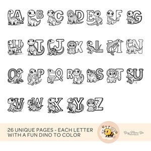 ABC Dinosaur Coloring Book, 26 unique pages, digital download, dinosaur alphabet illustrations, perfect baby shower activity, guests color and sign pages, personalized keepsake for baby, ideal baby shower game.