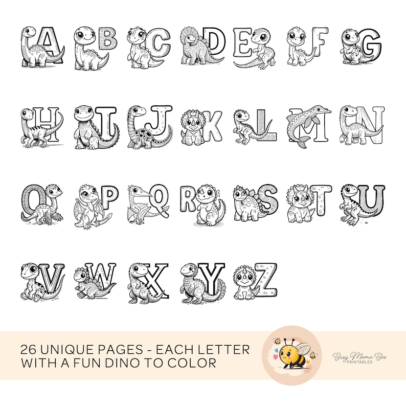 ABC Dinosaur Coloring Book, 26 unique pages, digital download, dinosaur alphabet illustrations, perfect baby shower activity, guests color and sign pages, personalized keepsake for baby, ideal baby shower game.