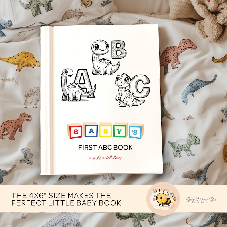 ABC Dinosaur Coloring Book, 26 unique pages, digital download, dinosaur alphabet illustrations, perfect baby shower activity, guests color and sign pages, personalized keepsake for baby, ideal baby shower game.