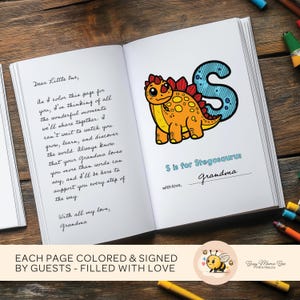 ABC Dinosaur Coloring Book, 26 unique pages, digital download, dinosaur alphabet illustrations, perfect baby shower activity, guests color and sign pages, personalized keepsake for baby, ideal baby shower game.