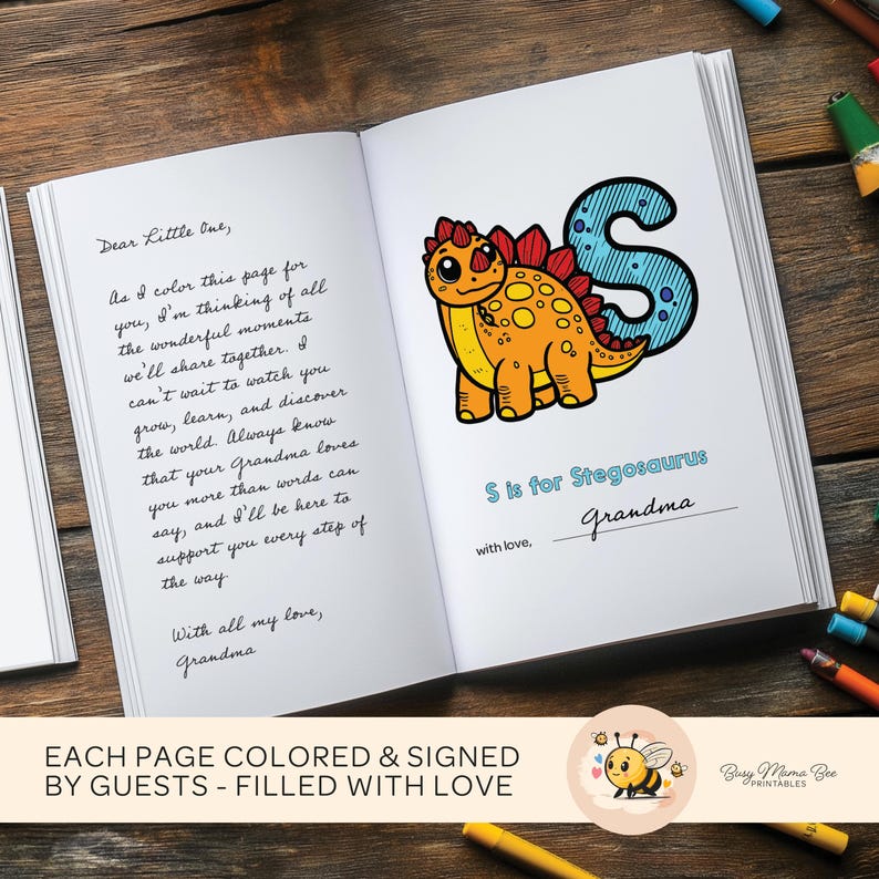 ABC Dinosaur Coloring Book, 26 unique pages, digital download, dinosaur alphabet illustrations, perfect baby shower activity, guests color and sign pages, personalized keepsake for baby, ideal baby shower game.