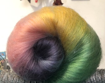 BLOOMIN’ Fiber Batt, Merino Wool, Mystery Wool, Spinning, Felting, Fiber Arts, Green Yellow Pink Purple