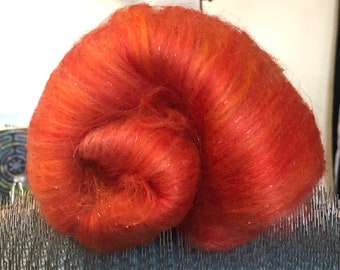 BURNING DESIRE Fiber Batt, Merino Wool, Spinning, Felting, Fiber Arts, Red Orange Sparkle