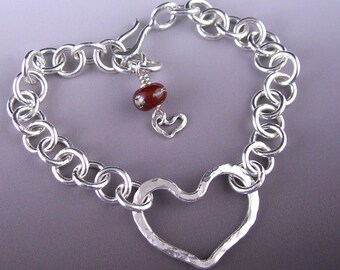 Anahata Heart Handmade Bracelet with Red Glass Bead / Hand Forged Heavy Gauge Silver / Classic Timeless