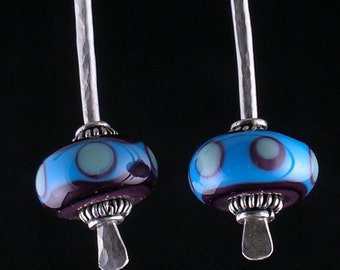 Quirky Fun Earrings Handmade Aubergine and Turquoise Lampwork Glass Beads on Neck Length Silver Paddles