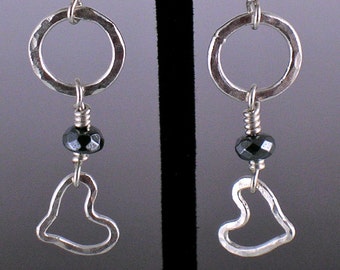 Hearts and Hugs Hand Forged Silver and Hematite Earrings / Anahata Chakra / Love / Long / Light Weight