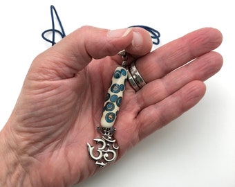 Sterling Silver OM and Handmade Glass Bead Adjustable Length Pendant Necklace / Throat Chakra Turquoise