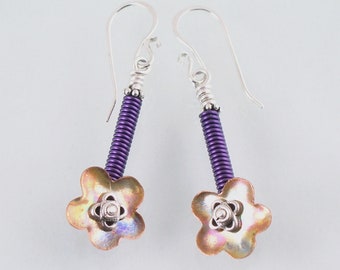 Flower Power Earrings Sterling Silver Copper with Purple Spiraled Wire