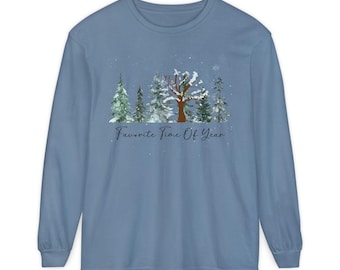Winter Snowy Trees Long Sleeve T-Shirt | Watercolor Forest Scene