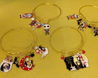 Sally Hearts Jack Christmas After a Nightmare Goldtone Charm Bangles