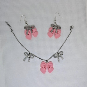 Pink and Sparkly Coquette Bow Bracelet and Earrings Set
