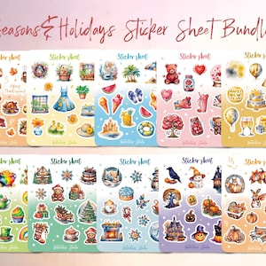 May include: A bundle of sticker sheets with seasonal and holiday-themed designs. The sheets feature various illustrations, including pumpkins, ice cream, a Christmas tree, and a birthday cake. The text "Seasons & Holidays Sticker Sheet Bundle" is at the top.