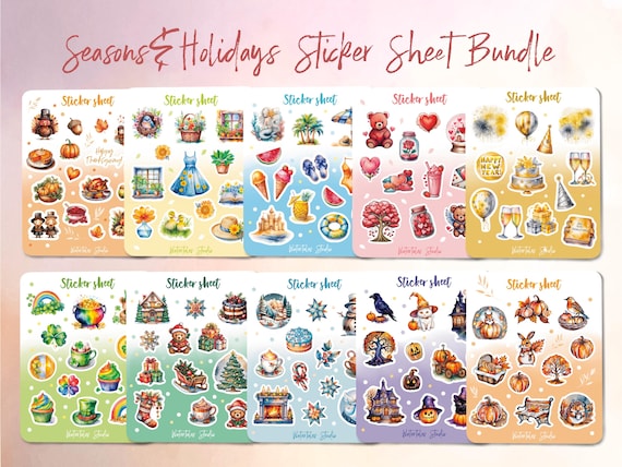 Holiday Planner Stickers Bundle - 10 Sticker Sheets Covering Major Holidays and Seasons. Perfect for Journaling, Scrapbooking, Cards, Gifts.
